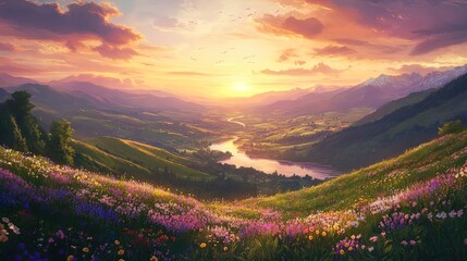 Obraz premium A breathtaking panoramic view of a vibrant valley at sunset, with rolling hills covered in colorful wildflowers. A winding river reflects the warm hues of the setting sun, surrounded by majestic mount