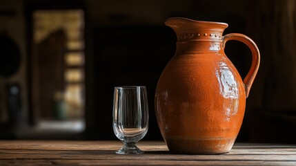 Rustic terracotta pitcher & glass on wooden table