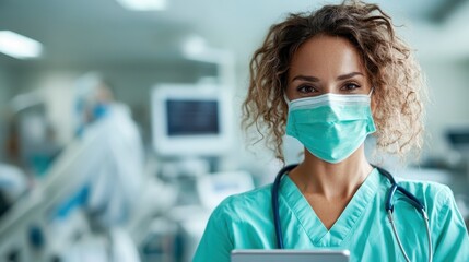 A confident healthcare worker in scrubs and a mask stands in a medical facility, embodying compassion and dedication in the fight against illness and promoting health care.
