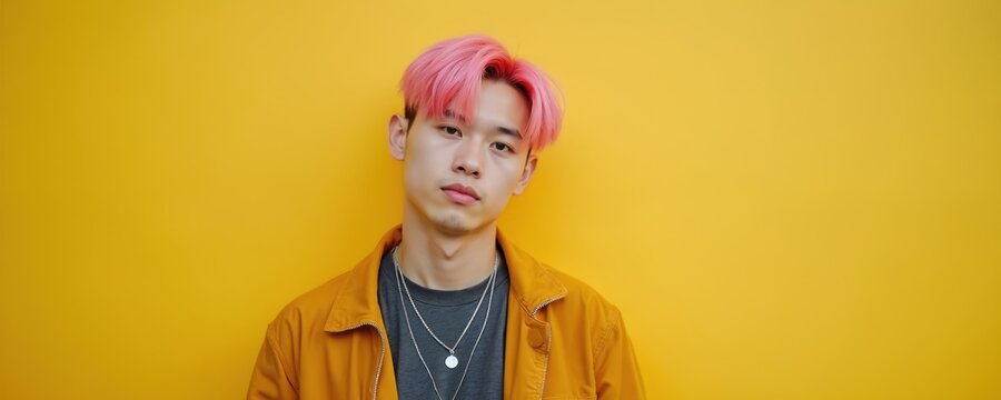 Young asian man pink hair posing on yellow background. Man wears orange jacket with grey t-shirt and chain. Trendy stylish look for a magazine cover. Ideal for advertising or fashion blog. - Powered by Adobe