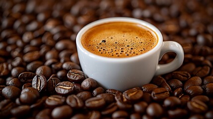 Espresso cup on roasted coffee beans.