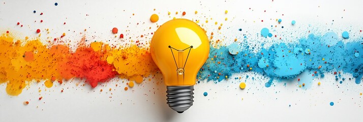 Bright Yellow Lightbulb with Colorful Paint Splatter