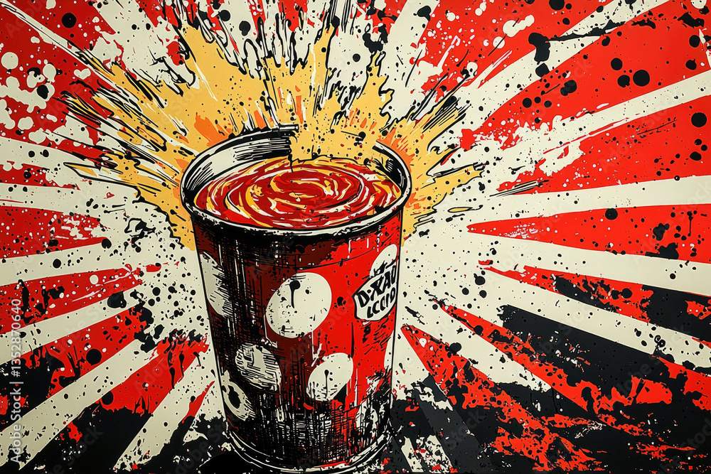 Poster a vibrant illustration of a can overflowing with a swirling red liquid, set against a dynamic sunbur