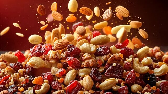 Colorful assortment of nuts and dried fruits on a dark surface, with a blurred red background enhancing the vibrant colors