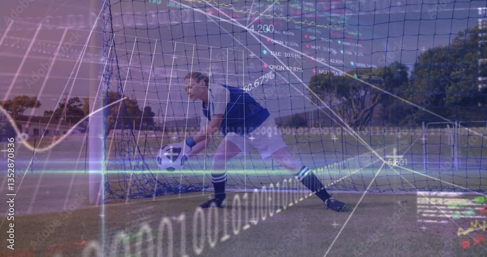 Poster goalkeeper catching soccer ball with data processing animation over field