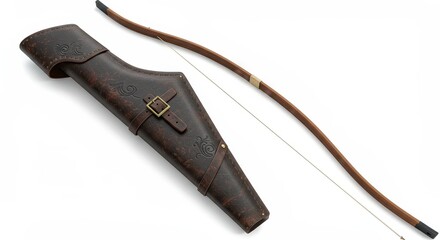 Leather Quiver and Bow Set - Elegant brown leather quiver with intricate detailing, paired with a matching wooden bow and string. Perfect for display or archery enthusiasts