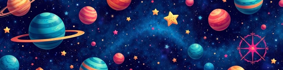 Fototapeta premium Seamless pattern featuring various space elements like stars, planets, and comets, galaxy, cosmic, decor