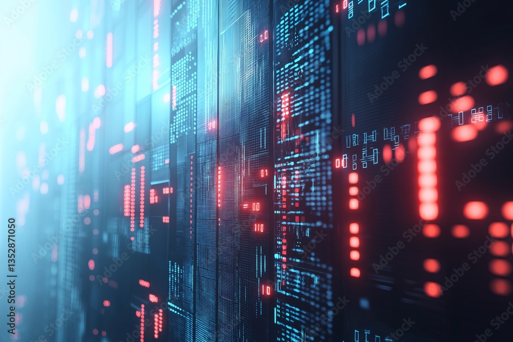 Aufkleber Abstract digital wall with layered streams of red and blue light and futuristic code patterns, symbolizing tech systems and data flow, Generative AI