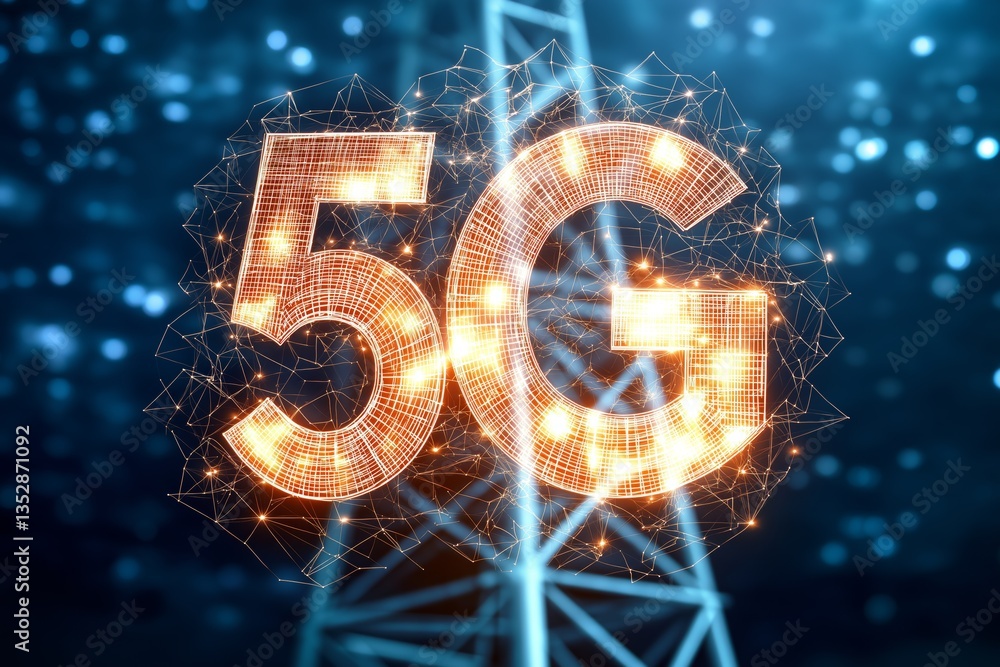Leinwandbilder Glowing 5G symbol floating above telecom tower at dusk with connected dots and sky background, futuristic wireless communication concept, Generative AI