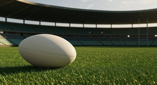 Rugby Ball Resting on Green Field with Stadium Backdrop 