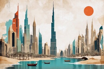 Naklejka premium Modern skyline with iconic towers and traditional boats in a desert oasis setting under a bright sun