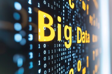 Closeup screen view with yellow Big Data text over flowing binary code in black and blue matrix-style background, technology overload theme, Generative AI