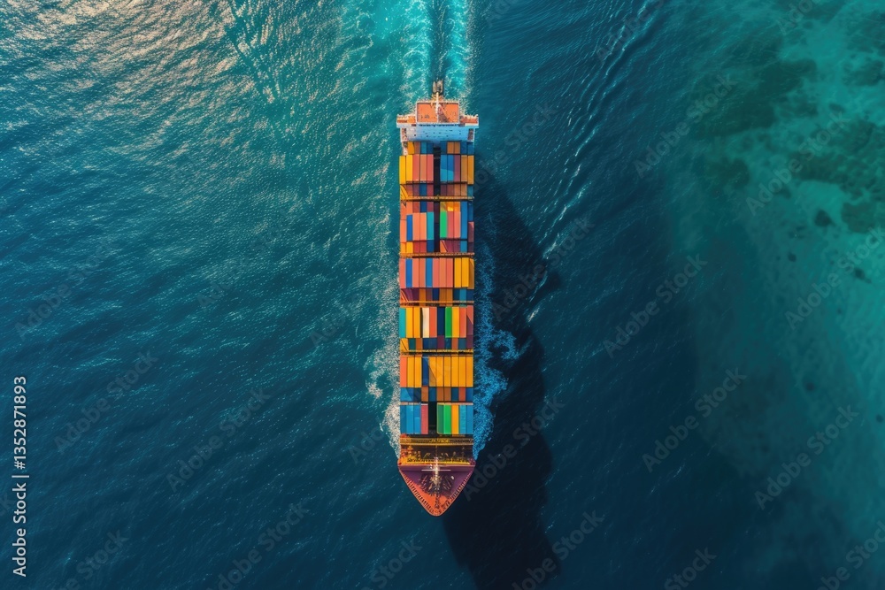 Poster aerial view of a large container ship sailing on a vast ocean, vibrant colored containers visible.