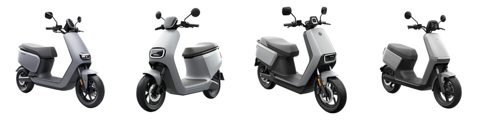 Obraz premium Modern electric scooters featuring headlights, mirrors, handlebars, seats and tires showing contemporary design variations.