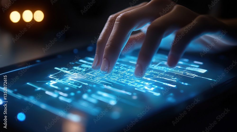 Poster the hands are interacting with a futuristic digital interface display