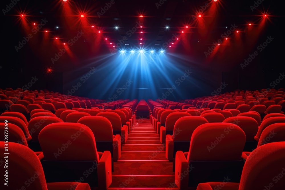 Wall mural empty red cinema seats illuminated by spotlights, creating a dramatic and atmospheric scene.