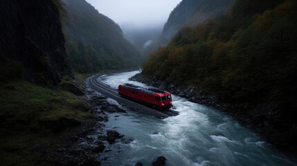 Fototapeta premium Red train traveling on a winding railway track next to a rushing river in a deep mountain canyon on a cloudy day.