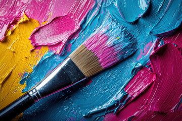 Fototapeta premium A paintbrush rests on a vibrant canvas of pink, blue, and yellow oil paints, showcasing expressive brushstrokes.