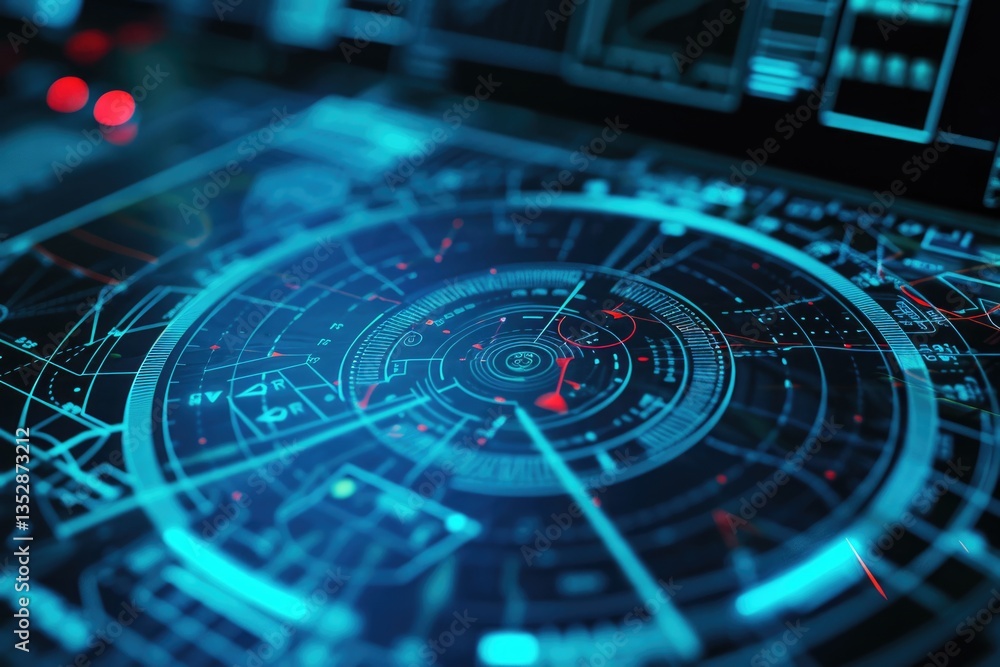 Poster futuristic digital interface with concentric circles, lines, and data points, glowing in vibrant cya