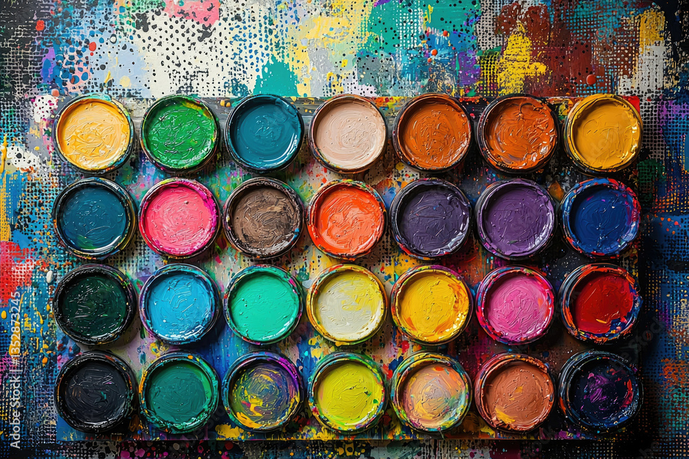 Aufkleber A vibrant array of colorful paint pots arranged on a multicolored backdrop.