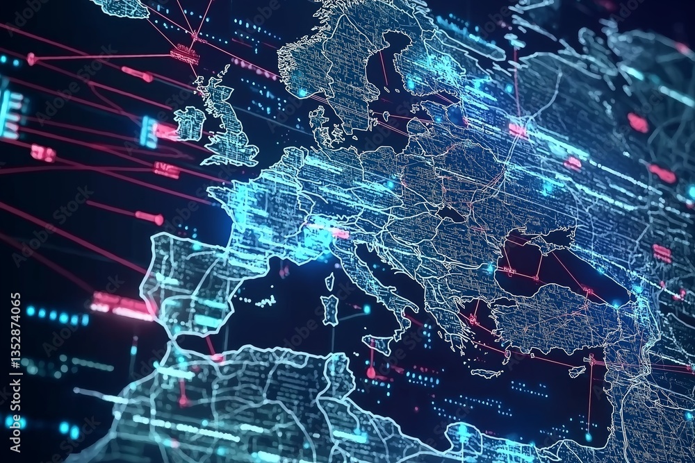 Aufkleber Futuristic digital map of Europe with glowing red and blue tech lines and borders representing high-speed cyber connectivity, Generative AI