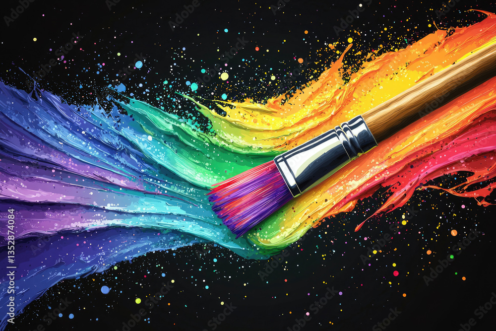 Poster a paintbrush sweeps across a canvas, creating a vibrant rainbow of colors and splatters.