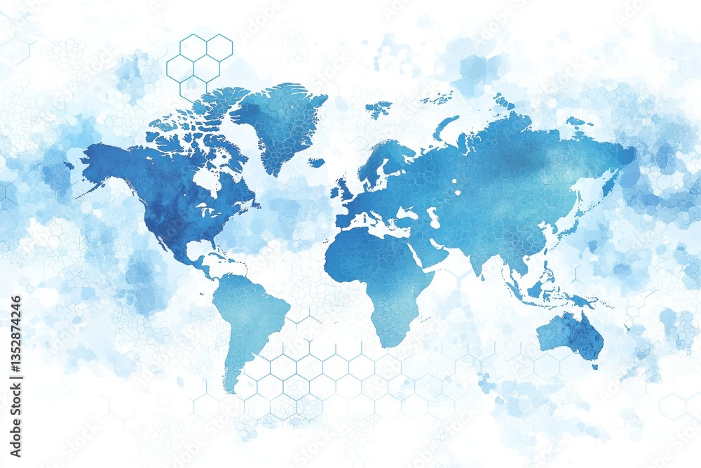 Aufkleber Artistic blue watercolor world map with abstract hex elements, blending creative design with modern geographic data visualization and peaceful global theme, Generative AI