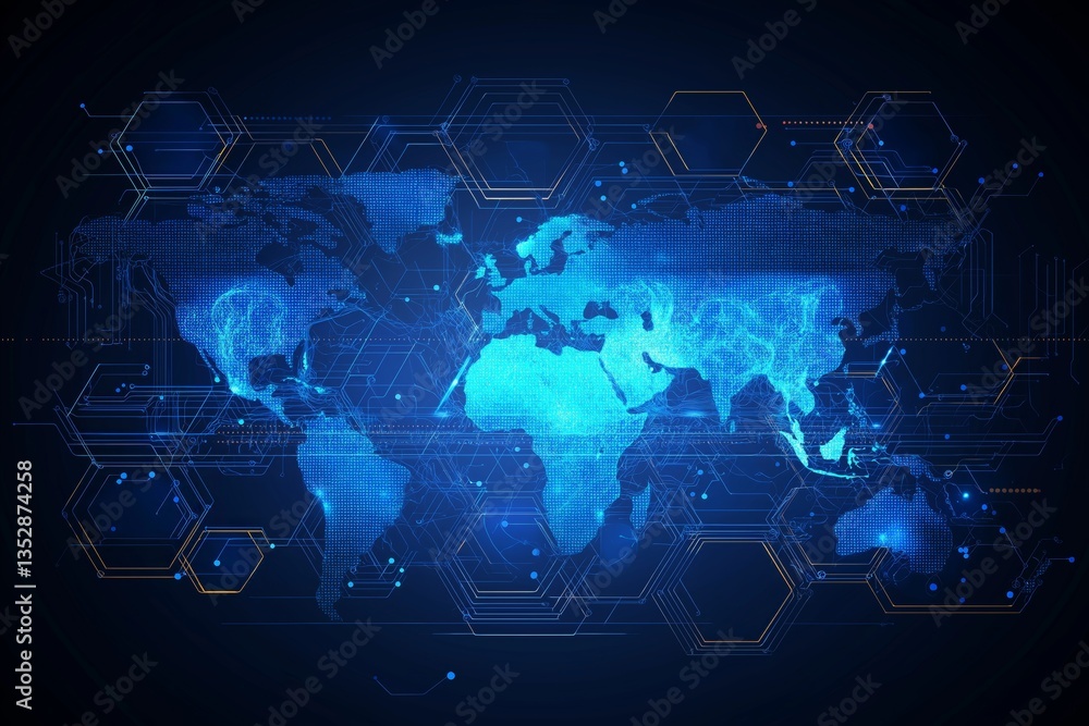 Poster Futuristic digital world map with glowing hexagonal network overlay, symbolizing global connectivity, AI infrastructure and international cyber data systems, Generative AI