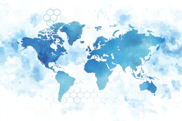 Artistic blue watercolor world map with abstract hex elements, blending creative design with modern geographic data visualization and peaceful global theme, Generative AI