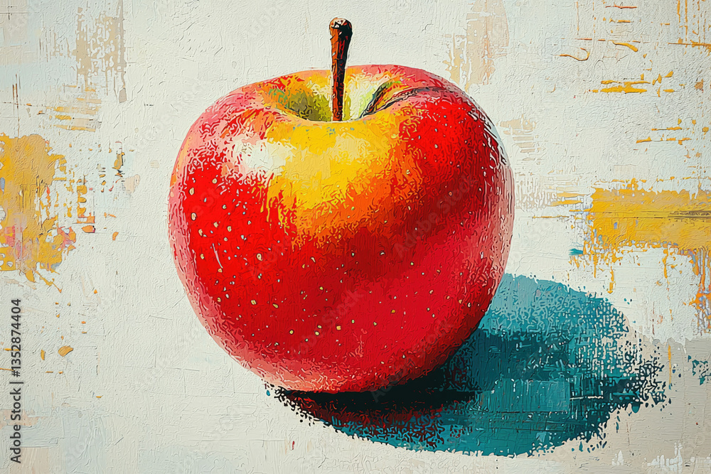Poster a vibrant red apple, painted in a textured style against a textured background.