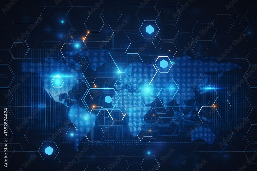 Poster Futuristic digital world map with glowing hexagonal network overlay, symbolizing global connectivity, AI infrastructure and international cyber data systems, Generative AI