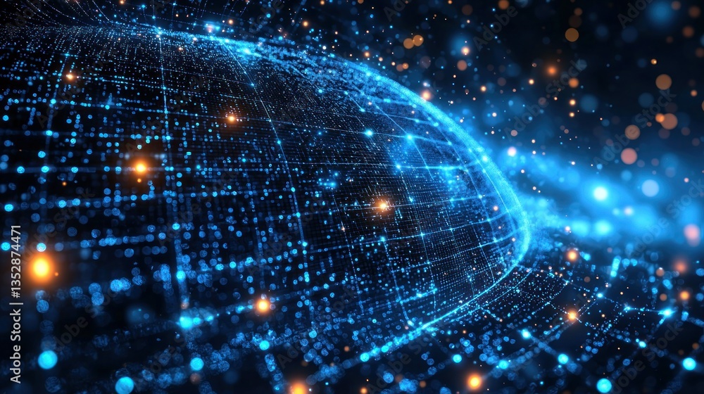 Poster glowing blue sphere with data grid and bokeh lights, abstract background