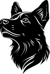 A clean and detailed silhouette of a dog's head, showcasing its distinct ears, snout, and facial structure. Ideal for pet logos, animal-themed designs, veterinary graphics