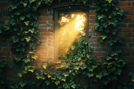 Sunbeams illuminate an overgrown brick wall's window, creating a mystical scene.