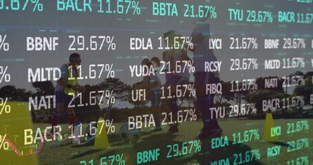 Stock market data animation over people playing soccer on field - Powered by Adobe