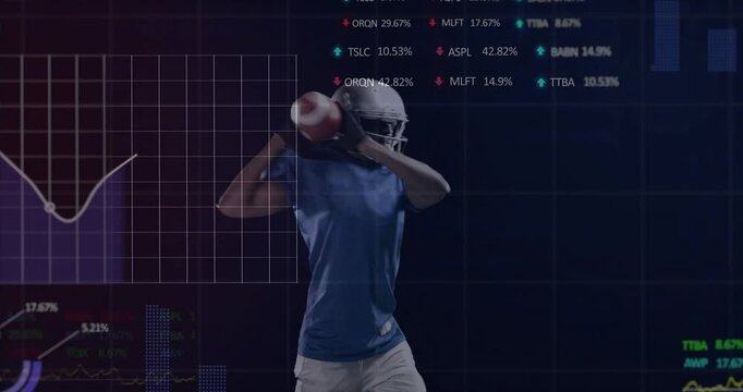 American football player throwing ball over financial data and graphs animation - Powered by Adobe