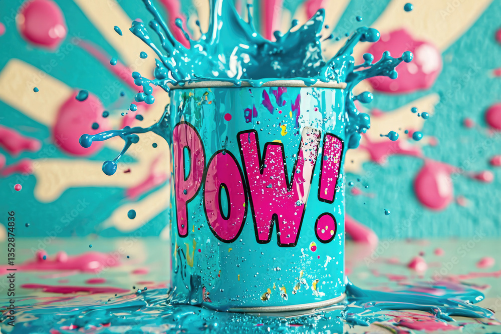 Poster a vibrant teal paint can explodes with color, displaying a playful 'pow!' graphic against a pink and