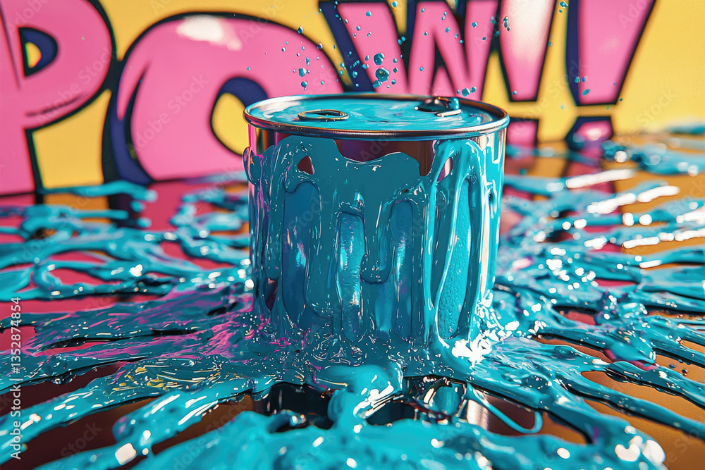 Poster overflowing turquoise paint spills from a can onto a vibrant, pop-art background, creating a dynamic