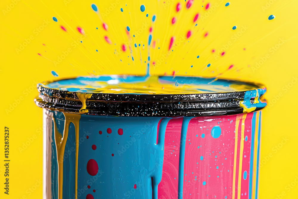 Aufkleber Vibrant paint splashes explode from a container, creating a colorful and dynamic scene.