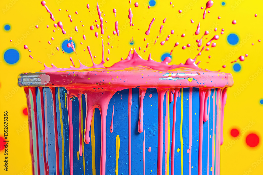 Poster vibrant pink paint explodes from a blue bucket, creating a colorful, dynamic splash against a bright