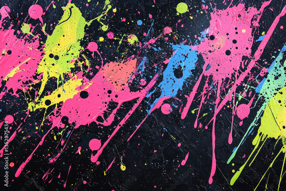 Poster Vibrant neon paint splatters on a transparent background, creating an energetic and dynamic abstract artwork.