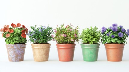 A vibrant display of potted plants with colorful flowers in assorted pots ideal for home decor