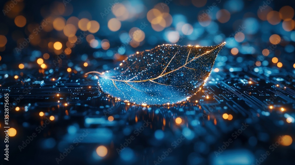 Aufkleber glowing leaf on a circuit board with soft bokeh. technological nature
