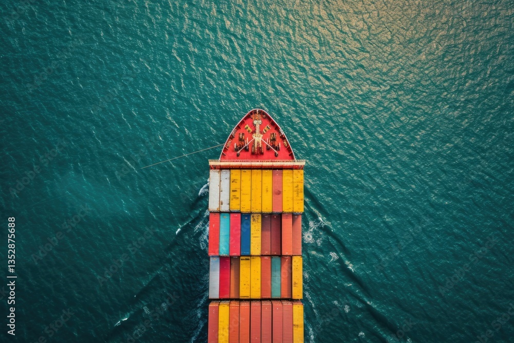 Poster aerial view of a large container ship sailing on a deep blue ocean.