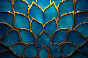 Blue and gold lotus pattern: layered stylized petals radiating outwards creating an elegant symmetrical design with contrasting textures.