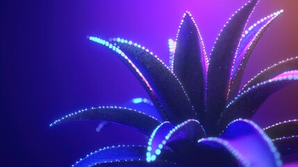 Glowing plant. Dark leaves illuminated with bright blue light, soft purple backdrop