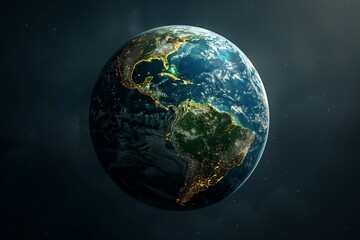minimalist Earth illustration glowing in darkness, centered over black background,