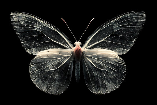 Translucent butterfly wings spread symmetrically against a stark black background with delicate vein details and a muted color palette.
