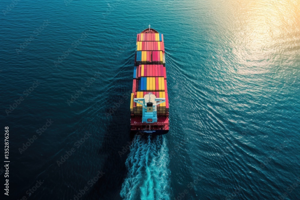 Poster aerial view of a large container ship sailing on a deep blue ocean.