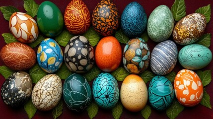 Vibrant Decorated Eggs on Dark Red Background